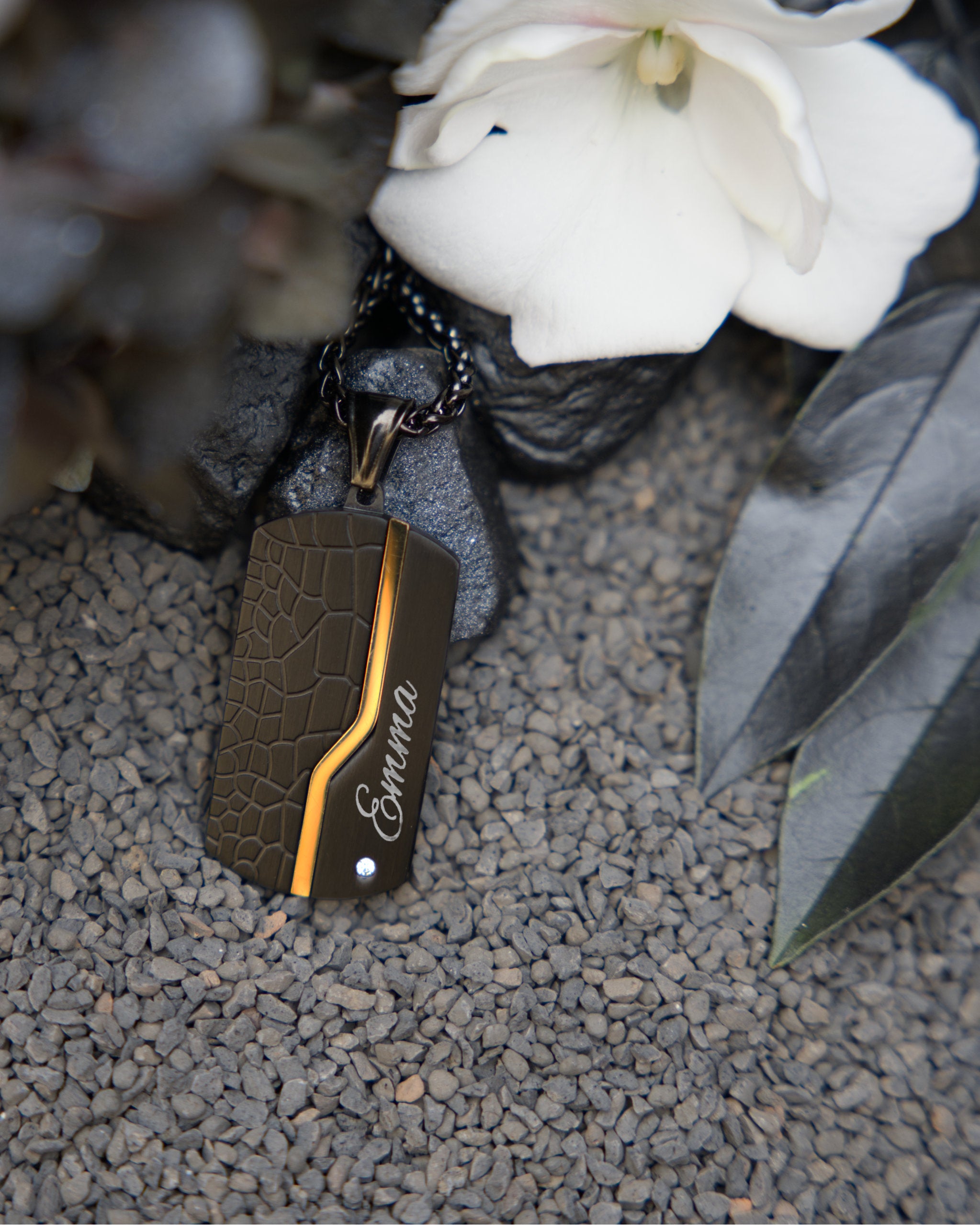 Dog Tag Gravuranhänger Bicolor Schwarz & Gold mit Zirkon aus Edelstahl mit Nasen-, Finger- oder Pfotenabdruck