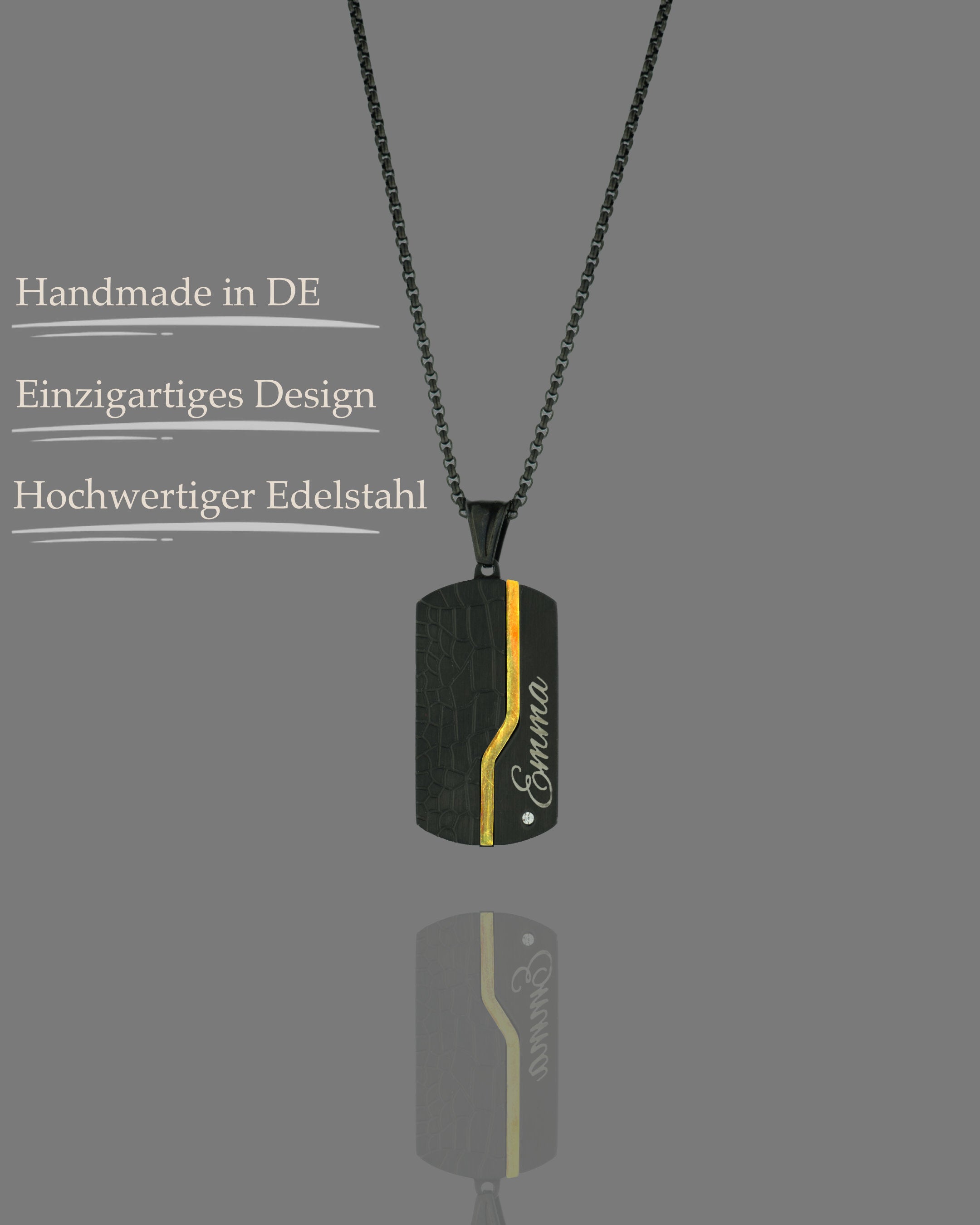 Dog Tag Gravuranhänger Bicolor Schwarz & Gold mit Zirkon aus Edelstahl mit Nasen-, Finger- oder Pfotenabdruck