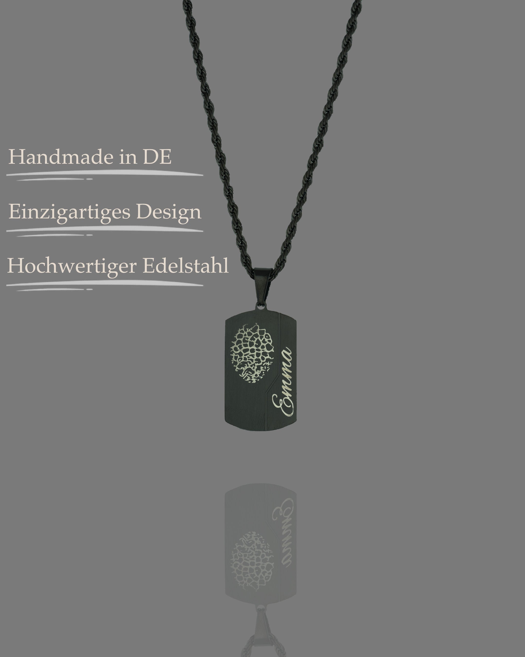 Dog Tag Gravuranhänger Pure Schwarz aus Edelstahl mit Nasen-, Finger- oder Pfotenabdruck
