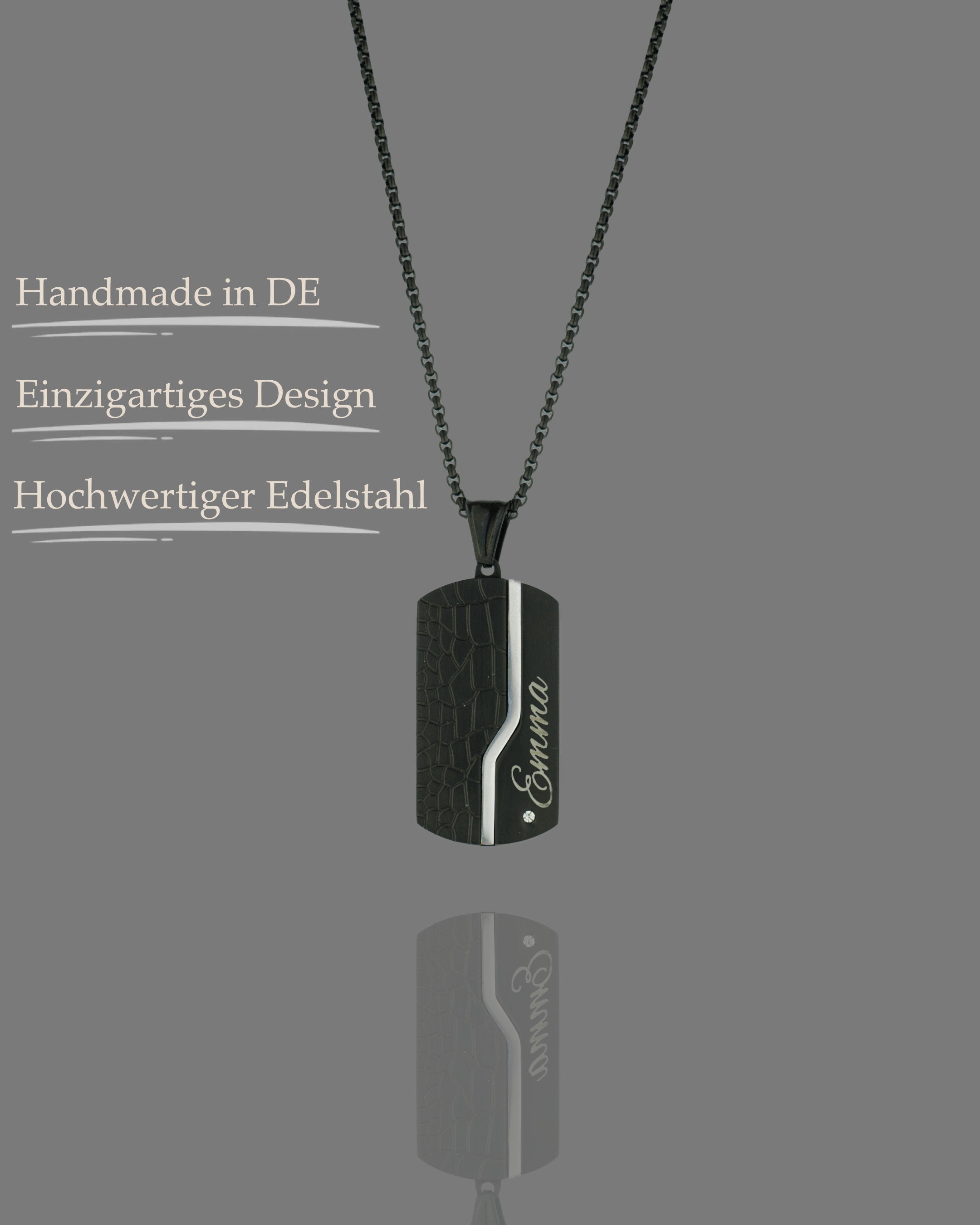 Dog Tag Gravuranhänger Bicolor Schwarz & Silber mit Zirkon aus Edelstahl mit Nasen-, Finger- oder Pfotenabdruck