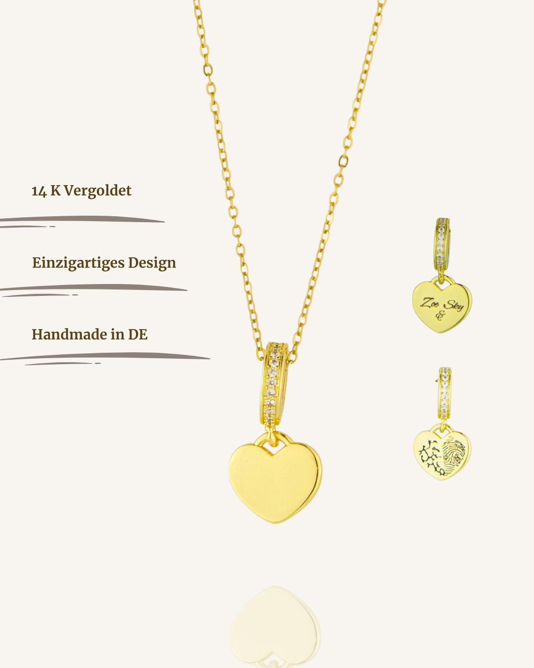 Herz Gravuranhänger Bundle mit Nasen-, Finger- oder Pfotenabdruck inkl. Kette & Geburtsstein aus 14K vergoldetem Edelstahl
