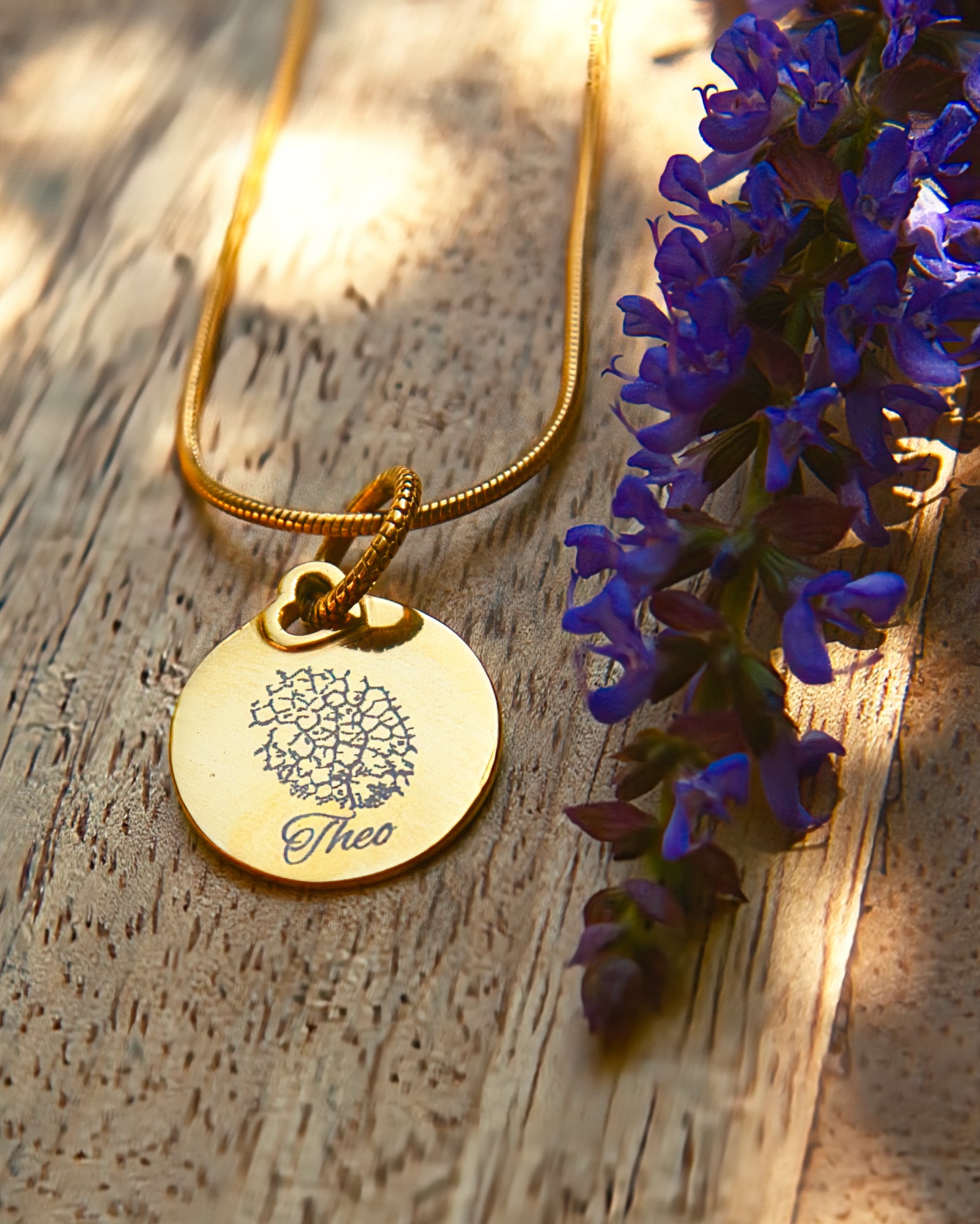 Runder Gravuranhänger Bundle mit Nasen-, Finger- oder Pfotenabdruck inkl. Kette & Geburtsstein aus 14K vergoldetem Edelstahl