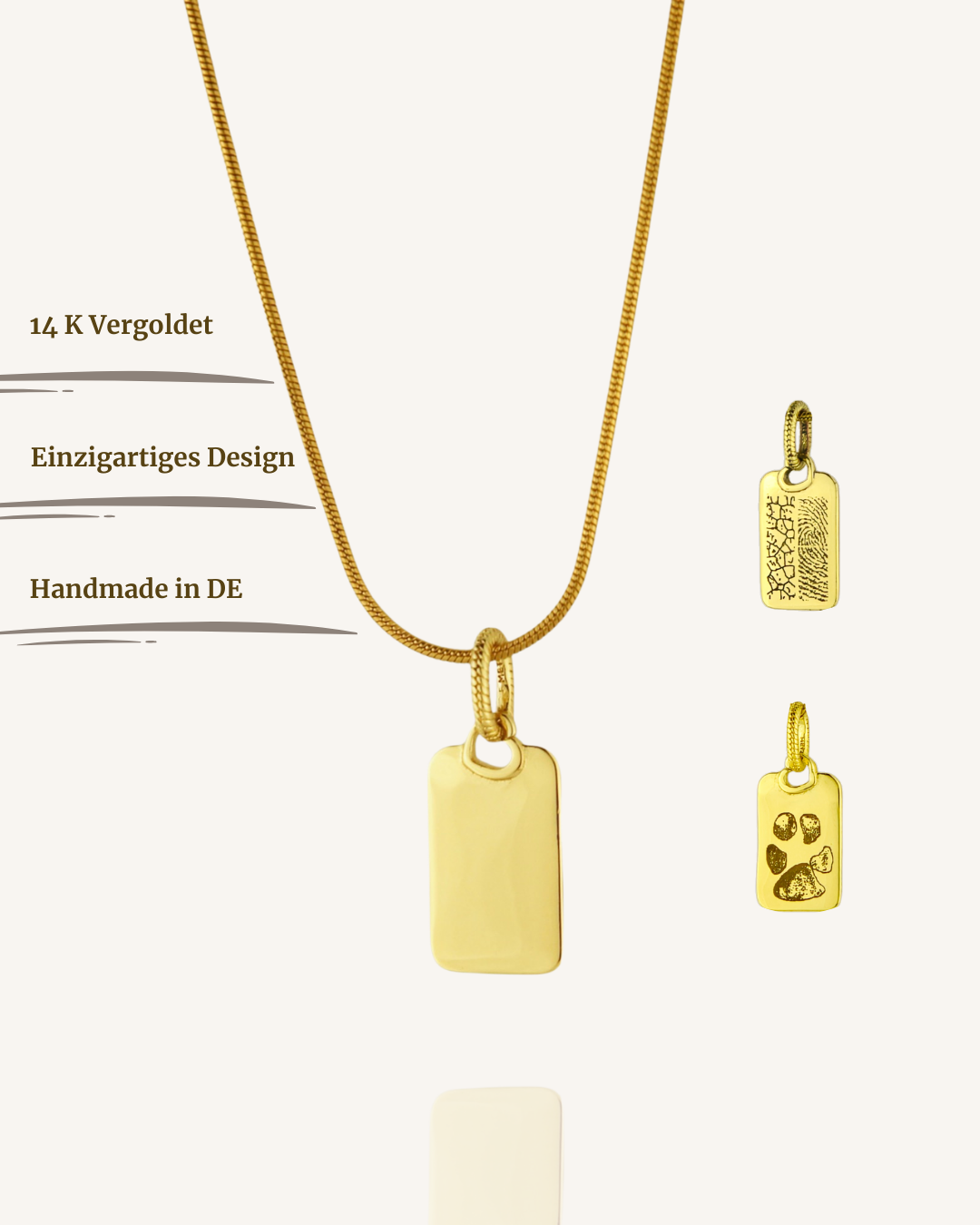 Rechteckiger Gravuranhänger Bundle mit Nasen-, Finger- oder Pfotenabdruck inkl. Kette & Geburtsstein aus 14K vergoldetem Edelstahl