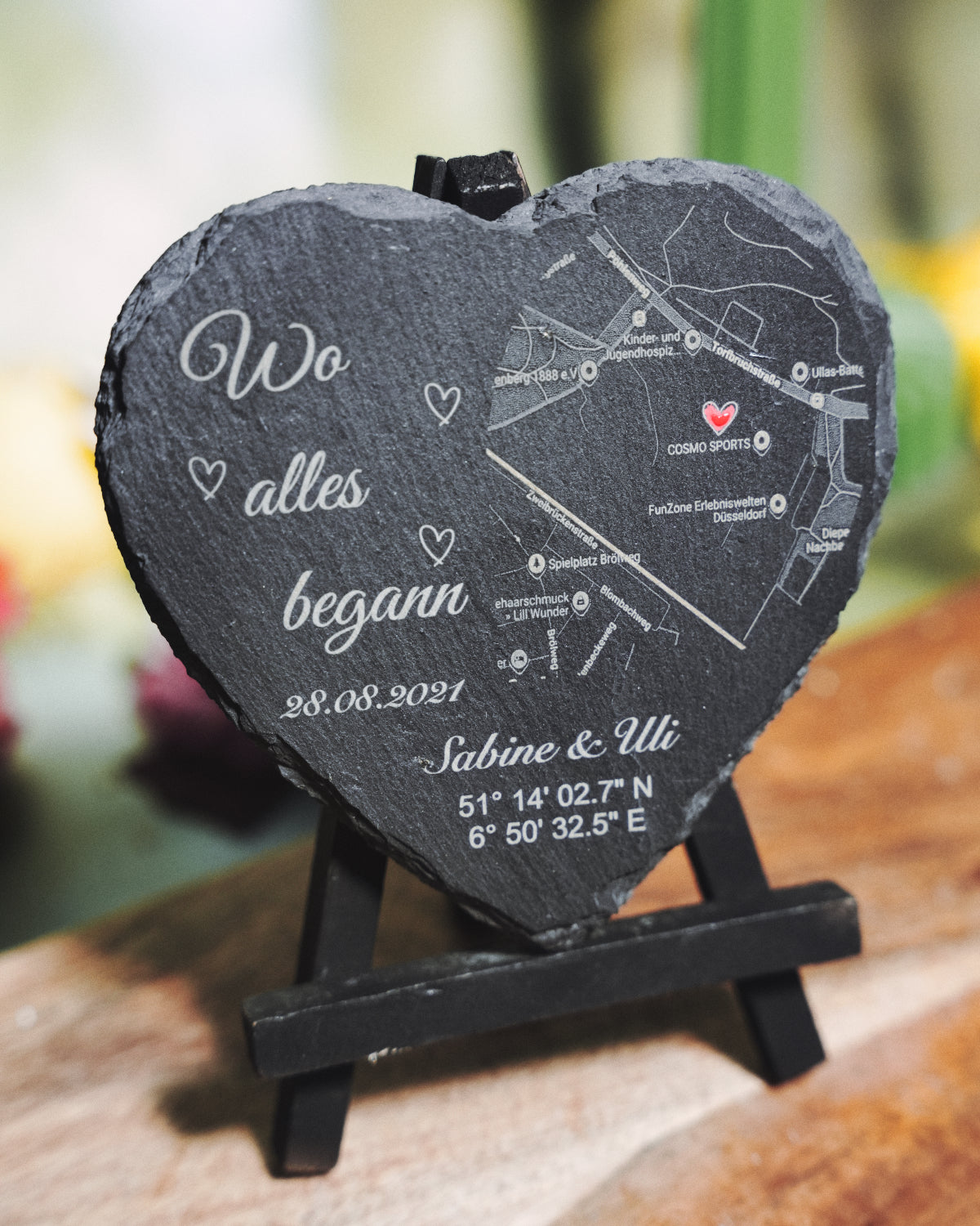 Schiefer Herz mit personalisierter Lasergravur & Kartenausschnitt