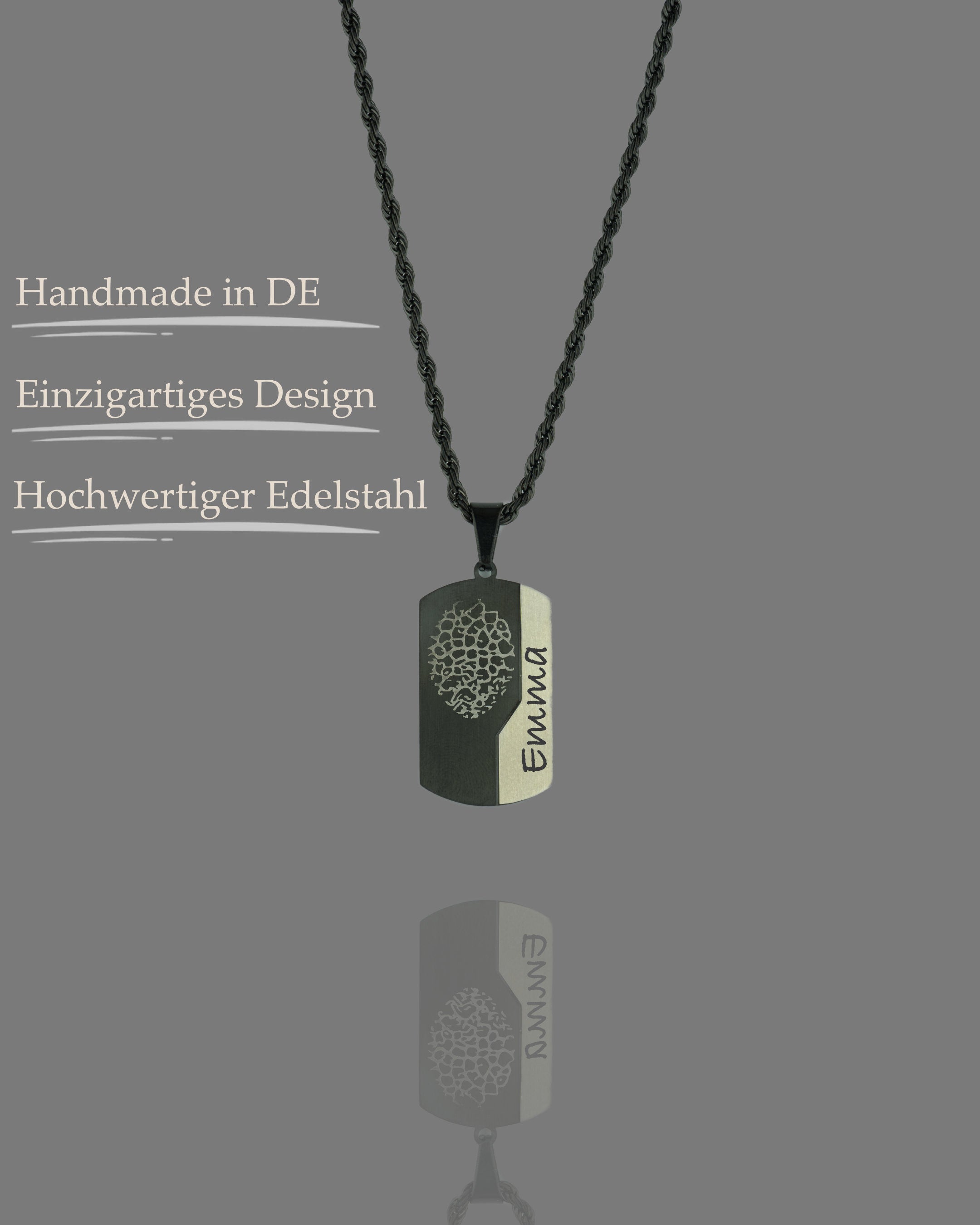 Dog Tag Gravuranhänger Bicolor Schwarz & Silber aus Edelstahl mit Nasen-, Finger- oder Pfotenabdruck