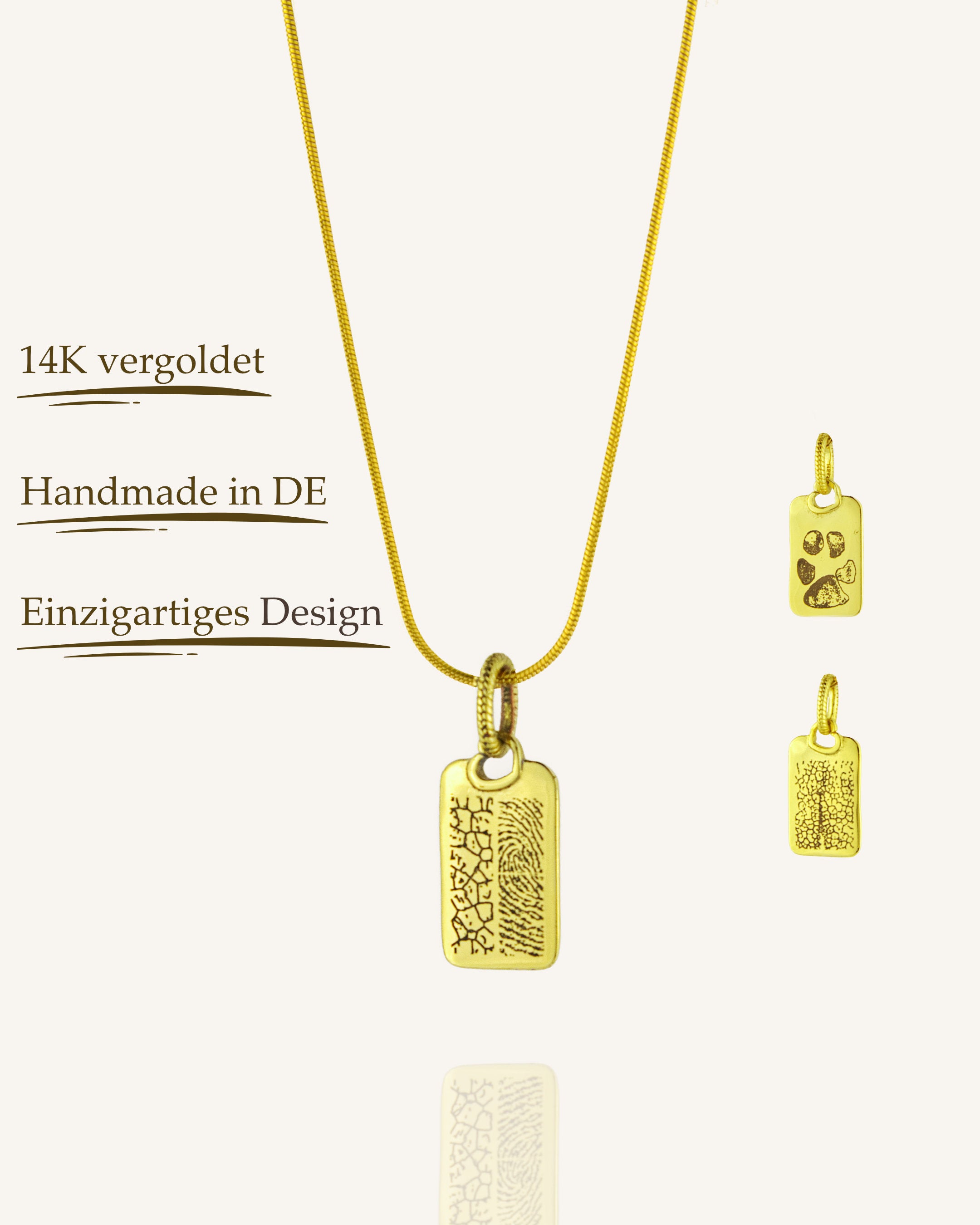 Rechteckiger Gravuranhänger mit Nasen-, Finger- oder Pfotenabdruck aus 14K vergoldetem Edelstahl